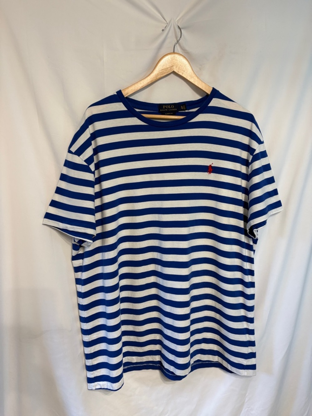Polo by Ralph Lauren Unisex White & Blue Striped Short Sleeve Tee with Red Pony